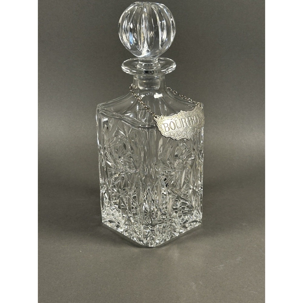 Vintage Polish 24% Lead Crystal Decanter Stieff Pewter Bourbon Tag 10"